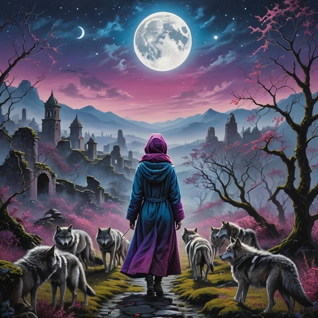 Mysterious Woman Walking with Wolves in Spray Paint Art