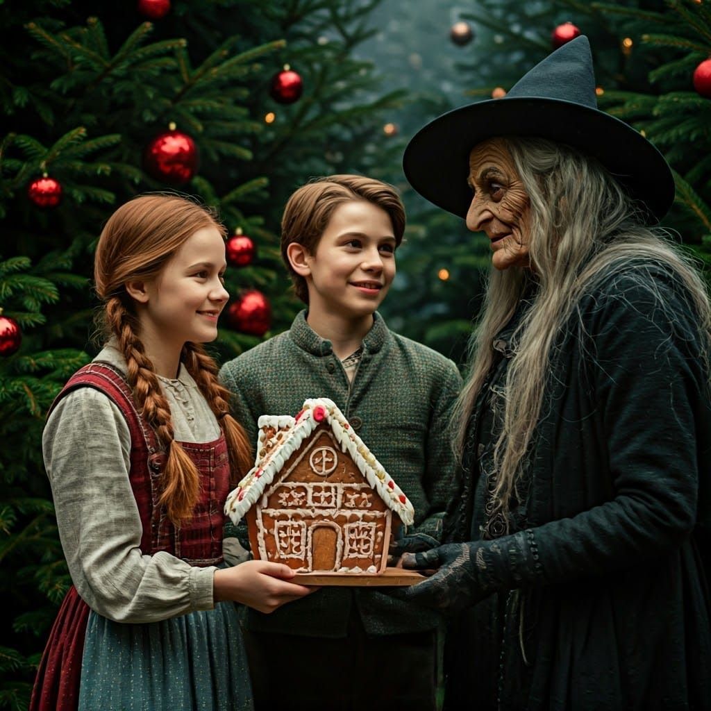 Whimsical Dark Fairy Tale Scene of Hans and Gretel with Ging...