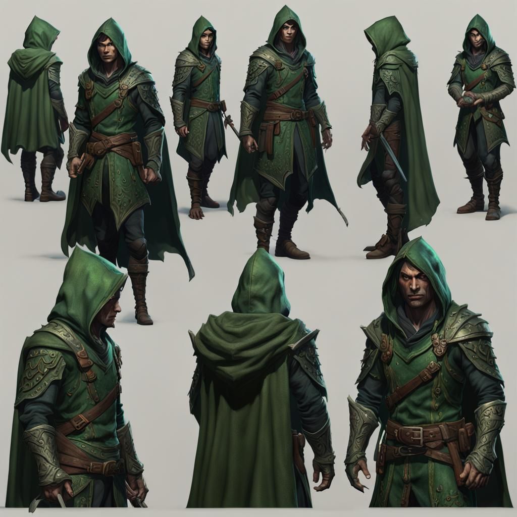Half-Elf Rogue in Green Hood: Fantasy Art