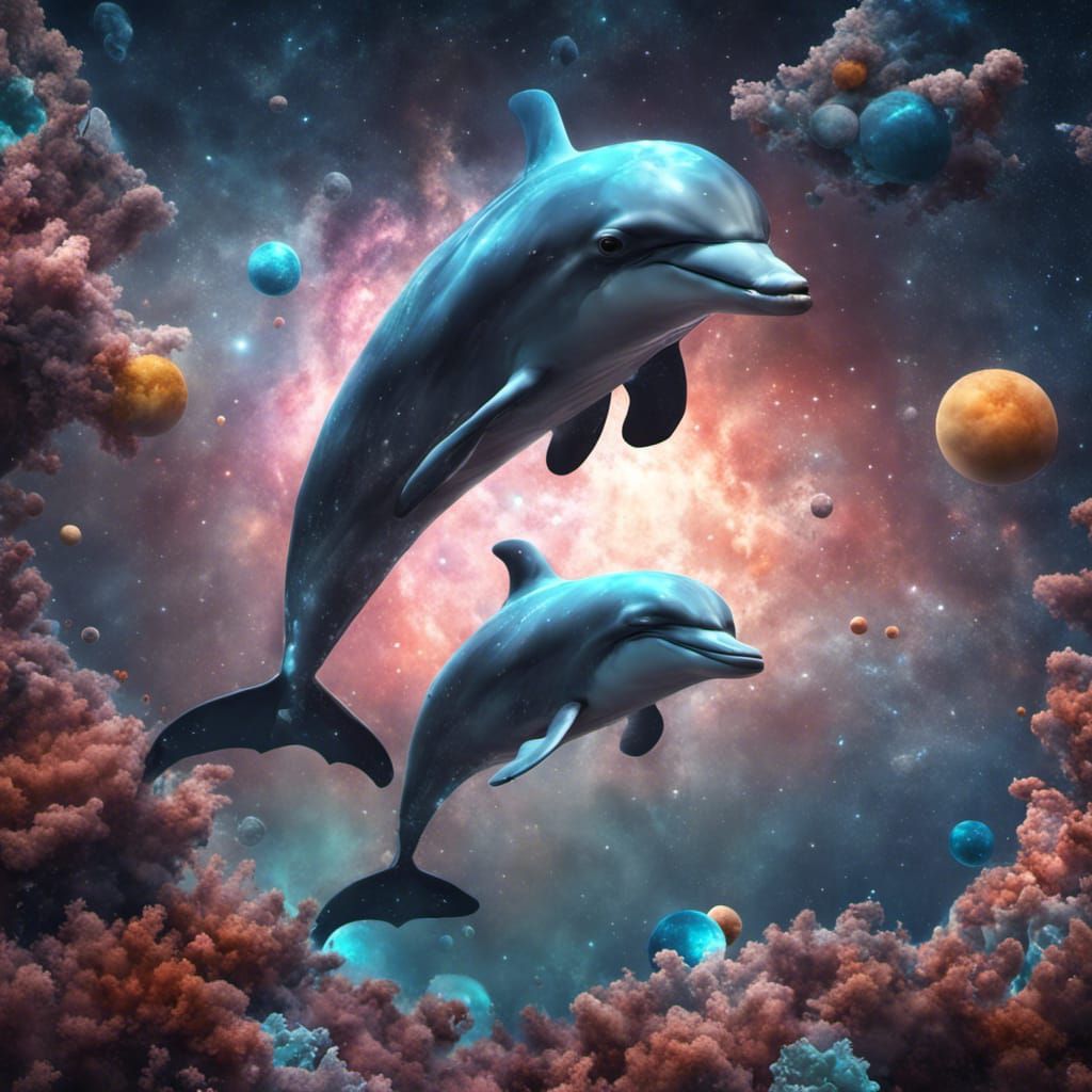 Baby Dolphins Soar Through Space: Detailed Matte Painting