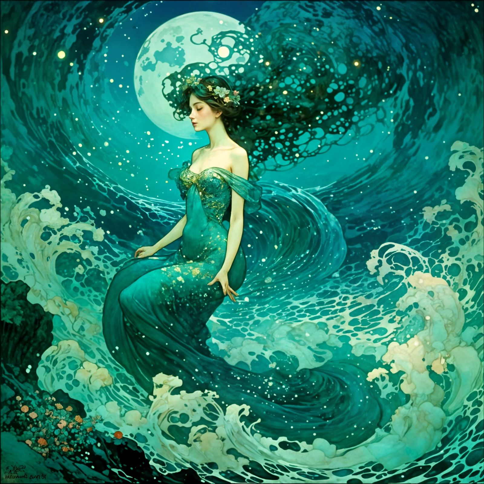 Mermaid in Swirling Blue Water: Art Nouveau Illustration