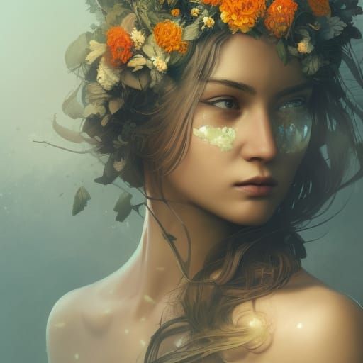 Woman with Floral Crown and Golden Mask