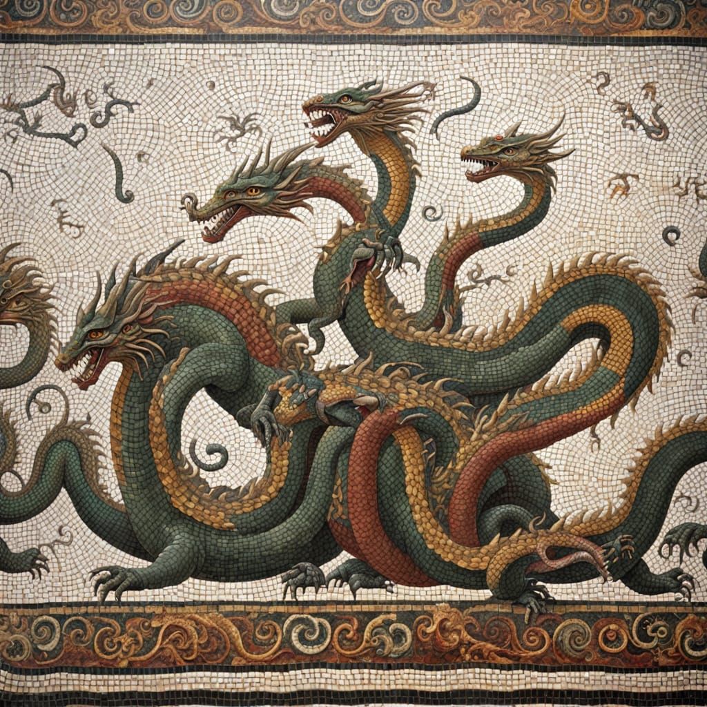 Byzantine Dragons Battle Three Headed Hydra in Mosaic