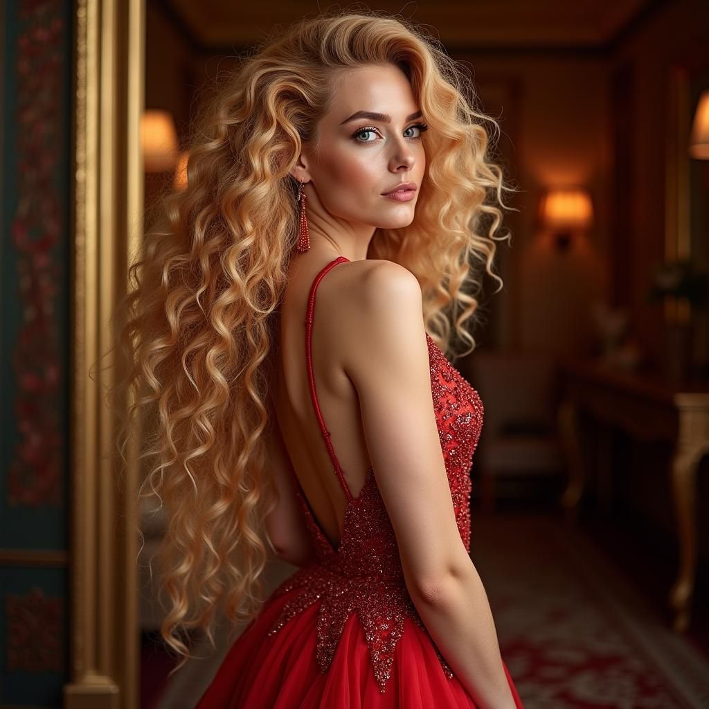 Glamorous Portrait of Woman with Long Strawberry-Blonde Hair