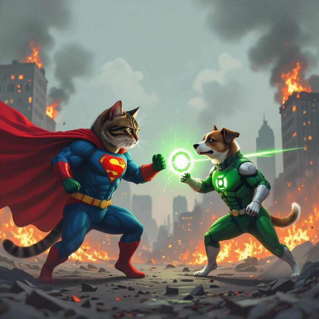 Cat Superman vs Dog Green Lantern in Burning City