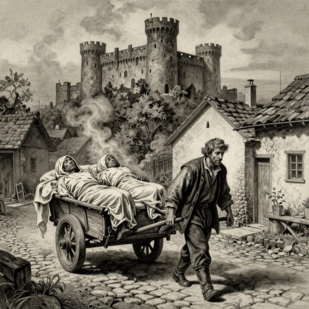 Grim Medieval Village Scene with Peasant and Bodies