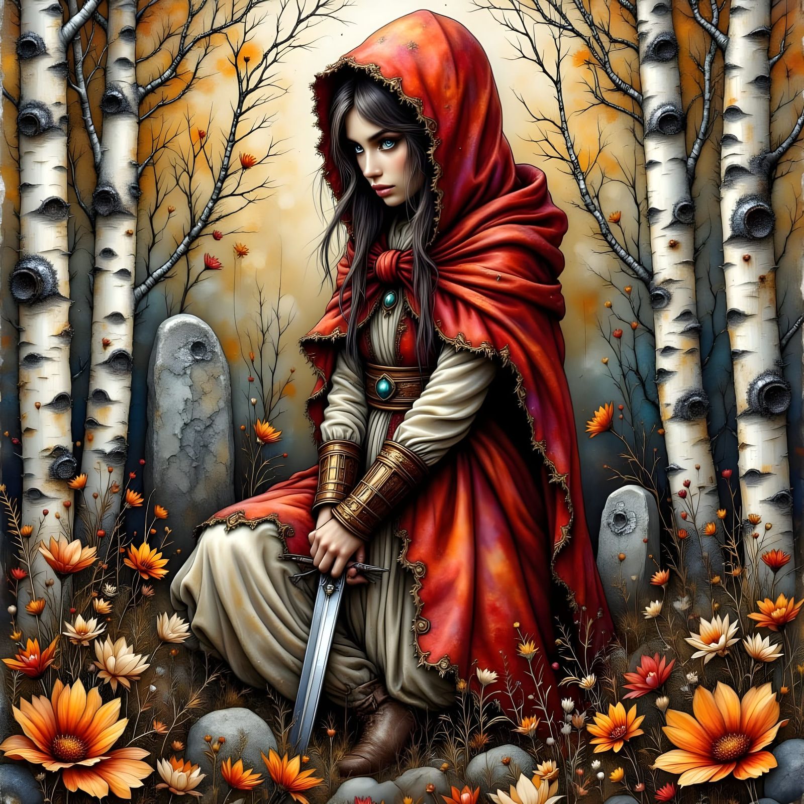 Grunge Portrait of Little Red Riding Hood Among Ancient Ston...