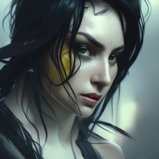 Woman with Black Hair and Yellow Eyes Portrait