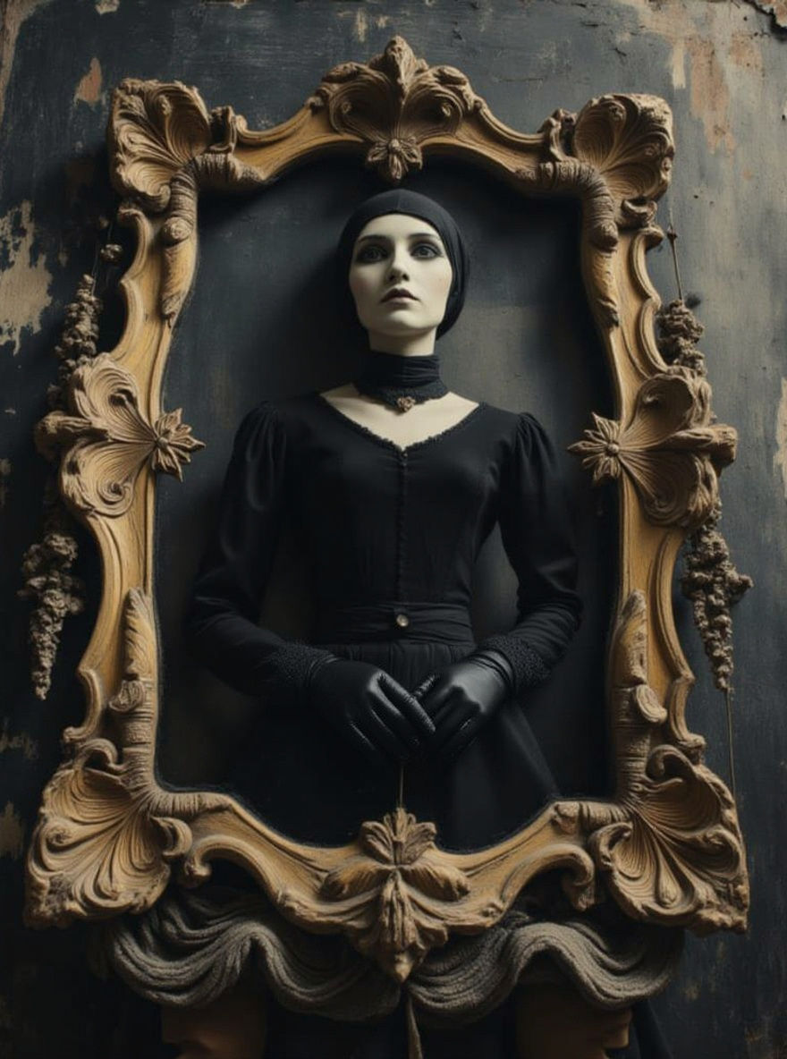 Goth Girl in Ornate Gilded Frame, Dark Atmospheric Style