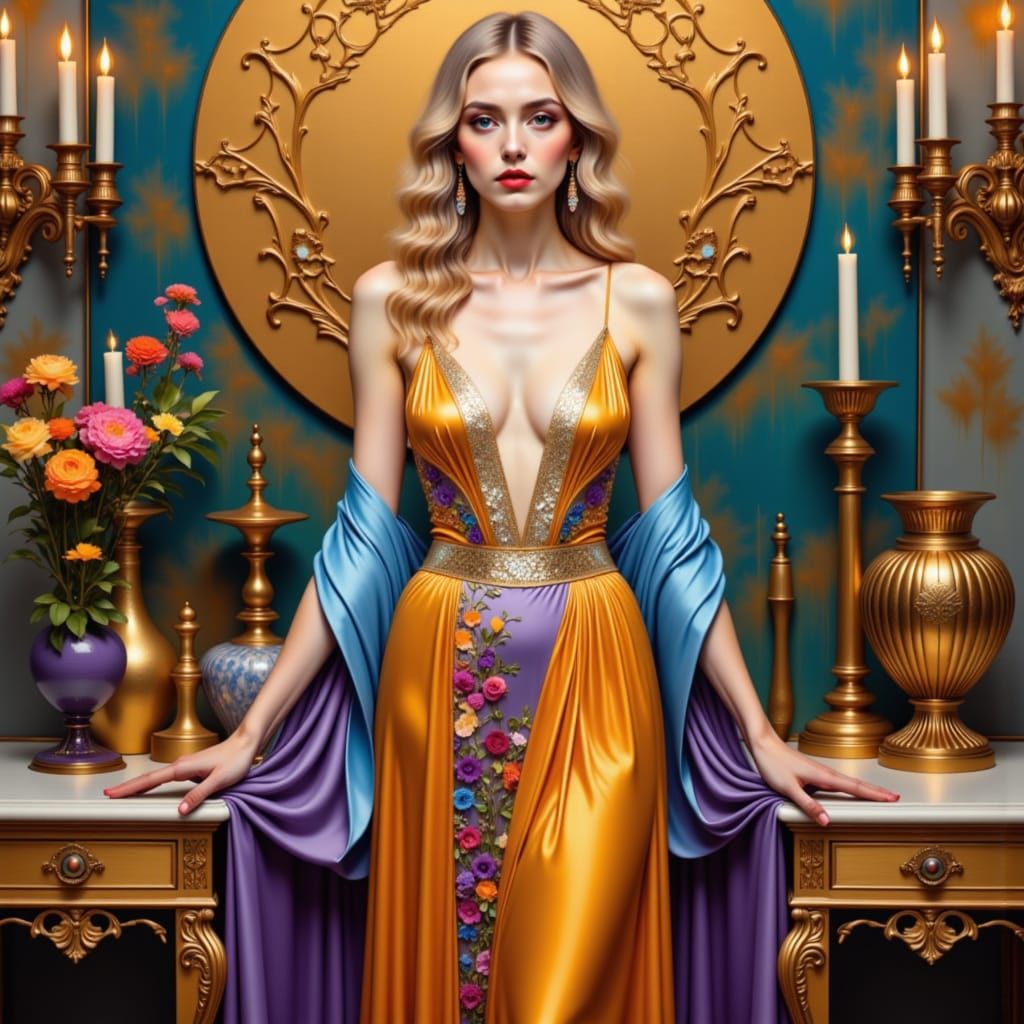 Elegant Woman Amidst Lavish Possessions: Art Nouveau Style