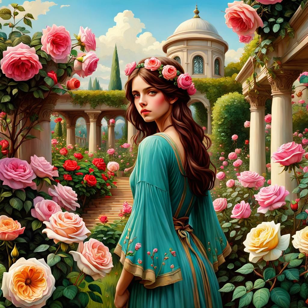 Anime Rose Garden in Waterhouse Style