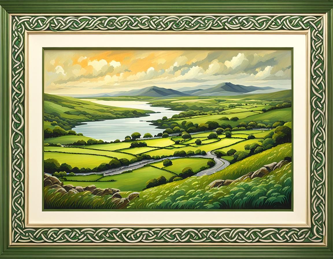A landscape painting of Ireland in a frame with simple  celt...