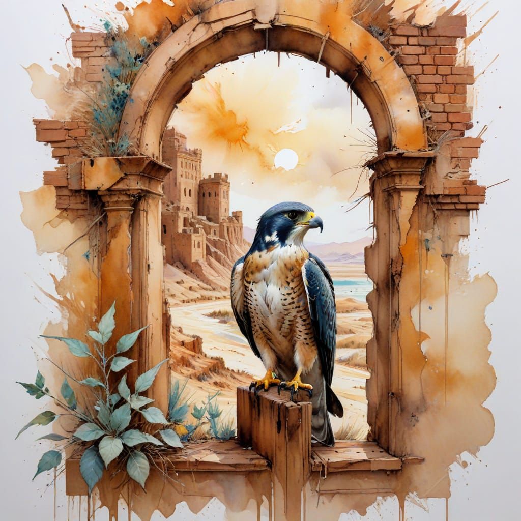 Desert Caravanserai with Falcon, Watercolor Style