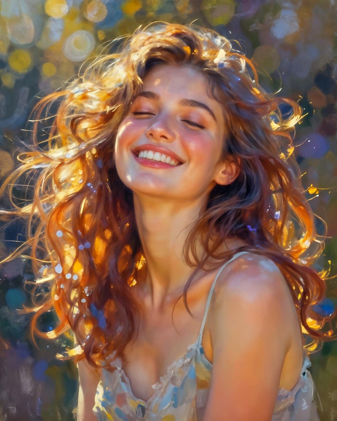 Radiant Woman in Blissful Sunlight, Impressionistic Style