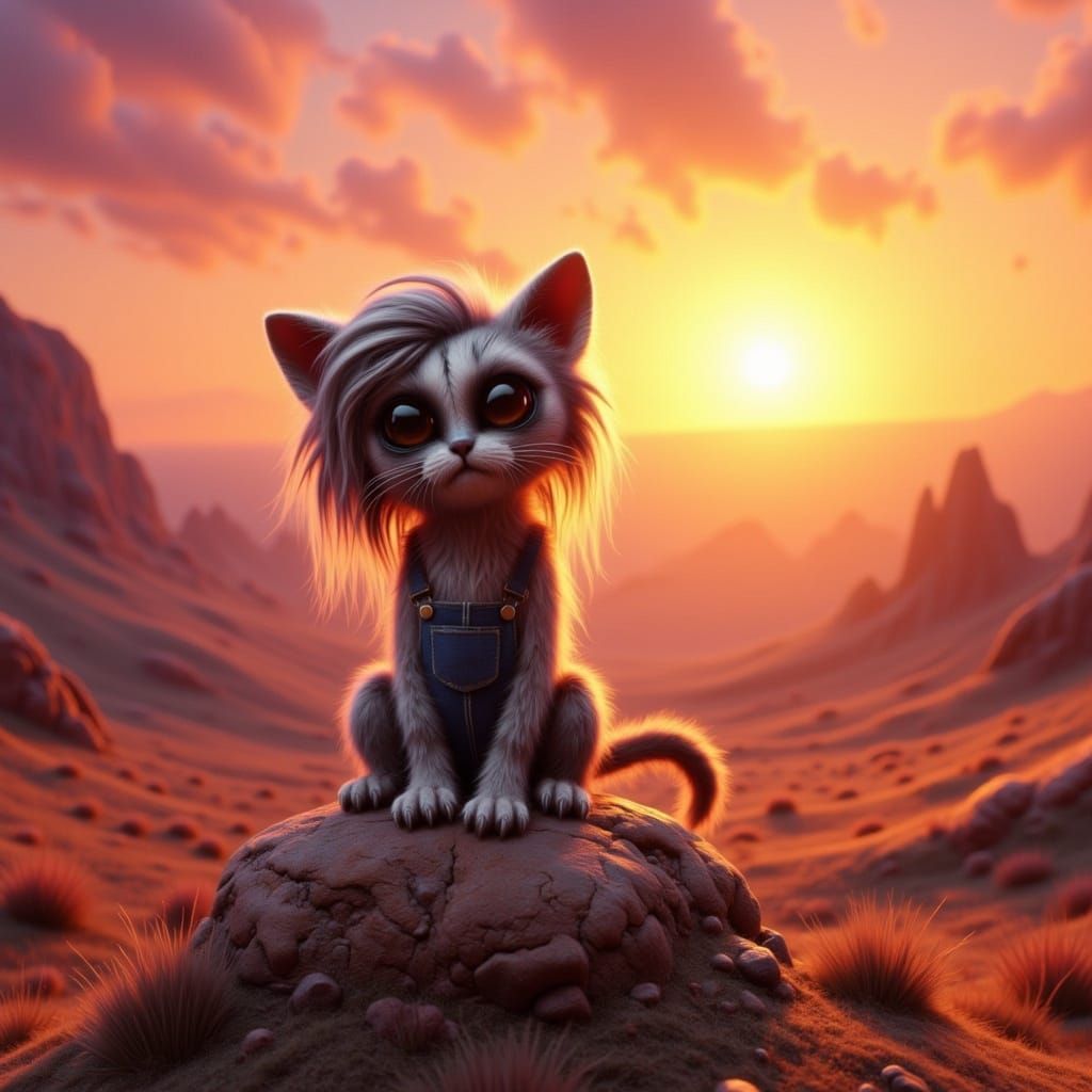 Whimsical Desert Sunset with Grumpy Kitten