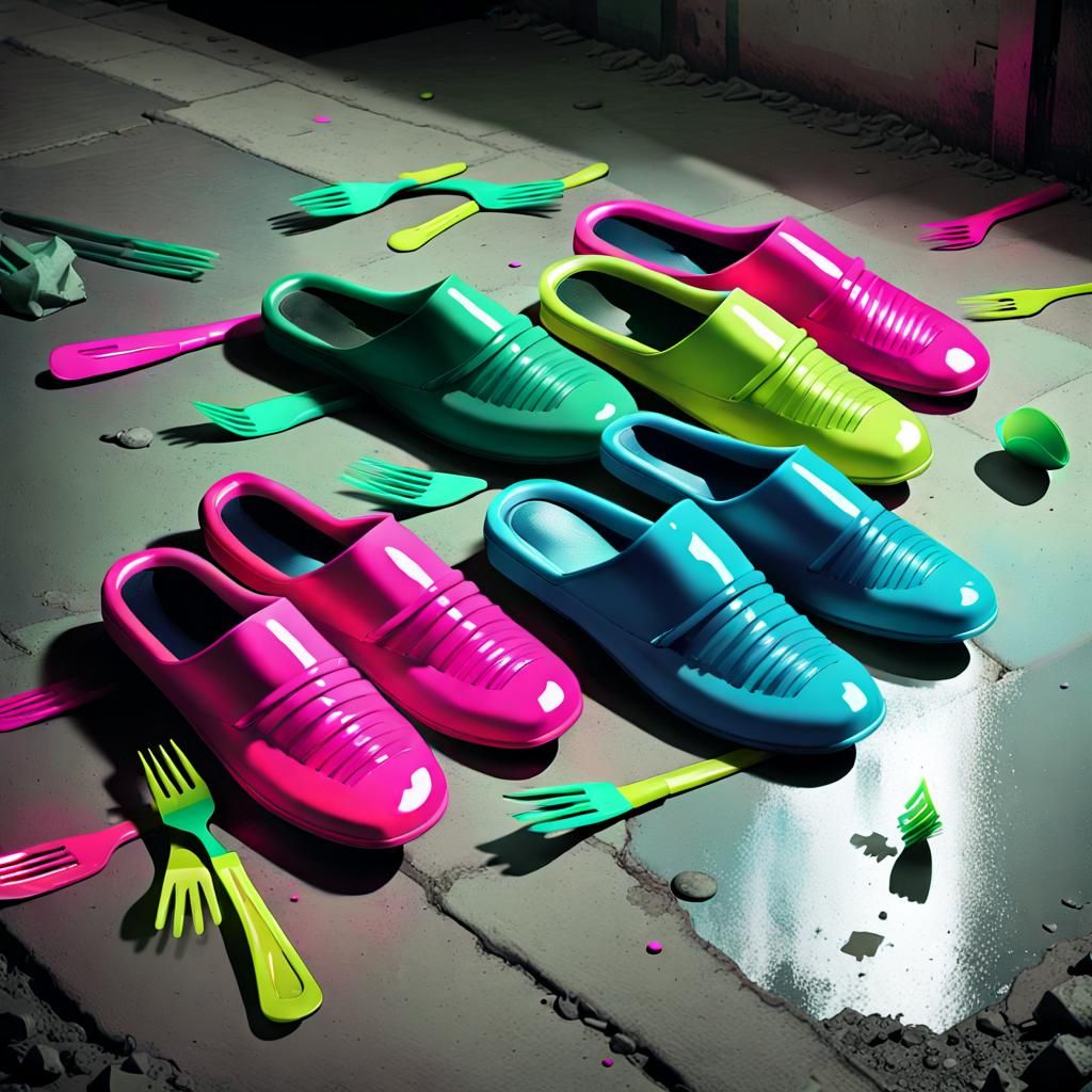 Vibrant Gang of Slippers Wielding Forks in a Surreal, Abando...