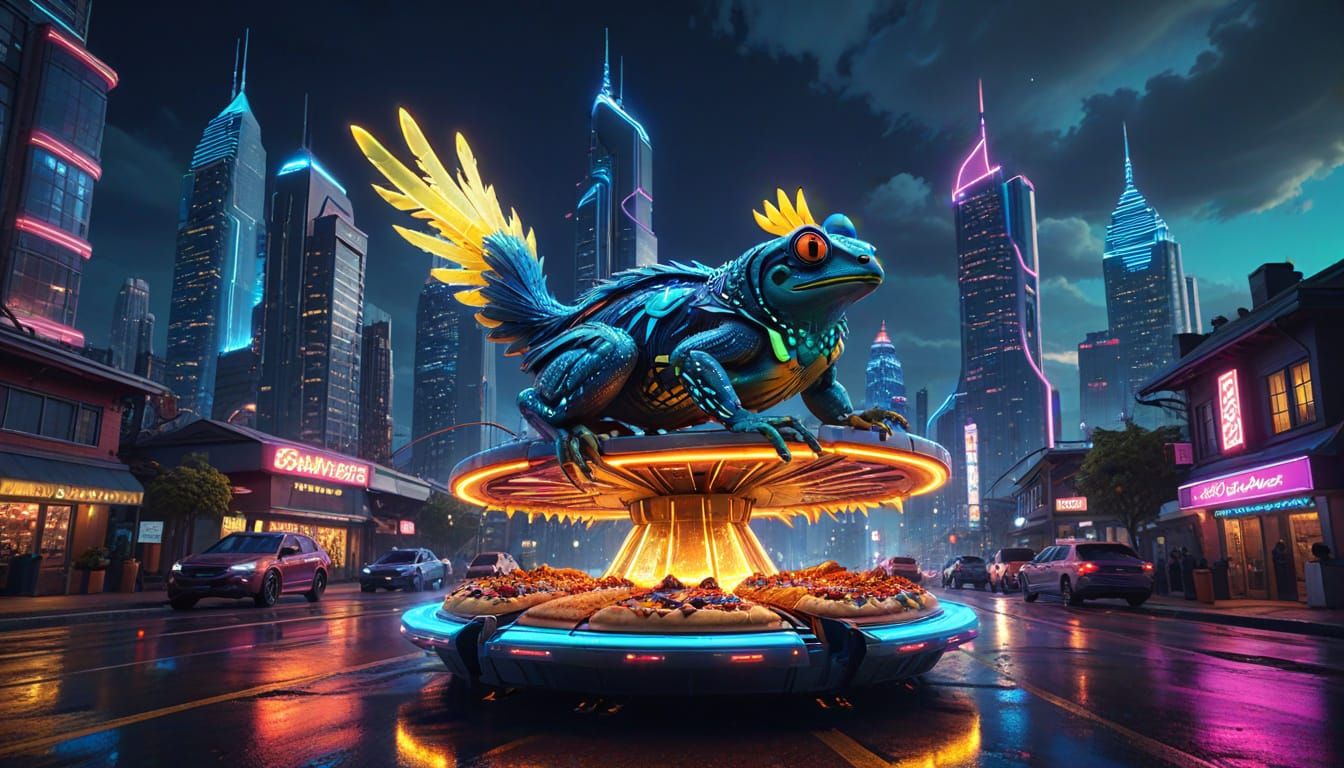 Glowing Rooster-Frog Hybrid Eats Pizza in Futuristic City
