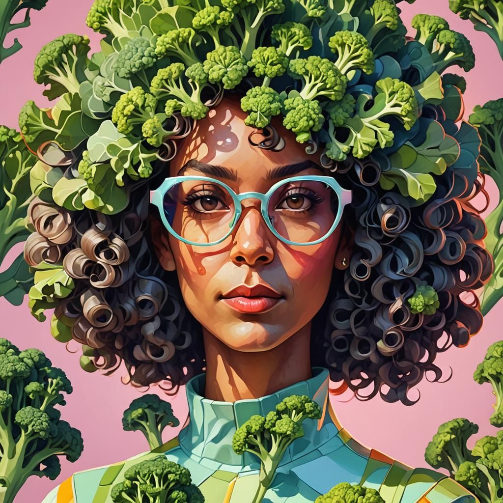 Broccoli Hair Woman Portrait in Low-Poly Art