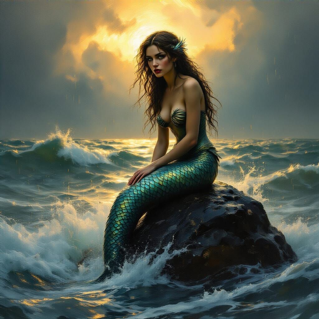 Mermaid in Stormy Sea: Brushstroke-Intensive Portrait