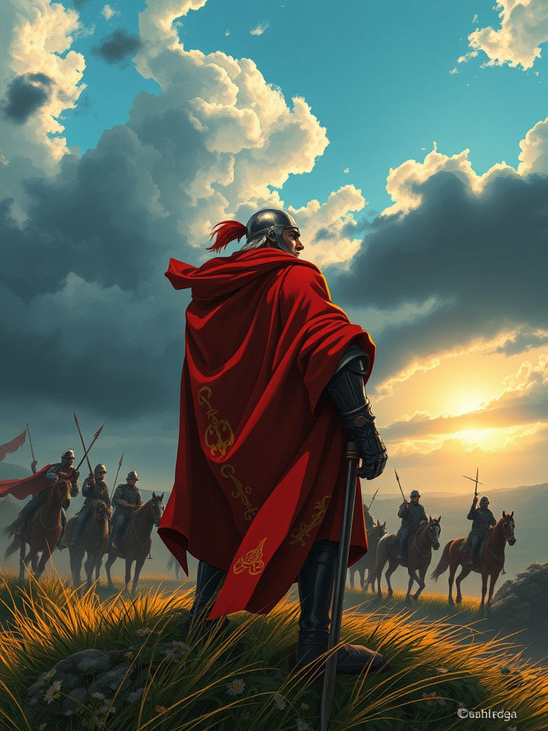 Medieval Captain Overseeing Sarmatian Troops on Windswept Hi...