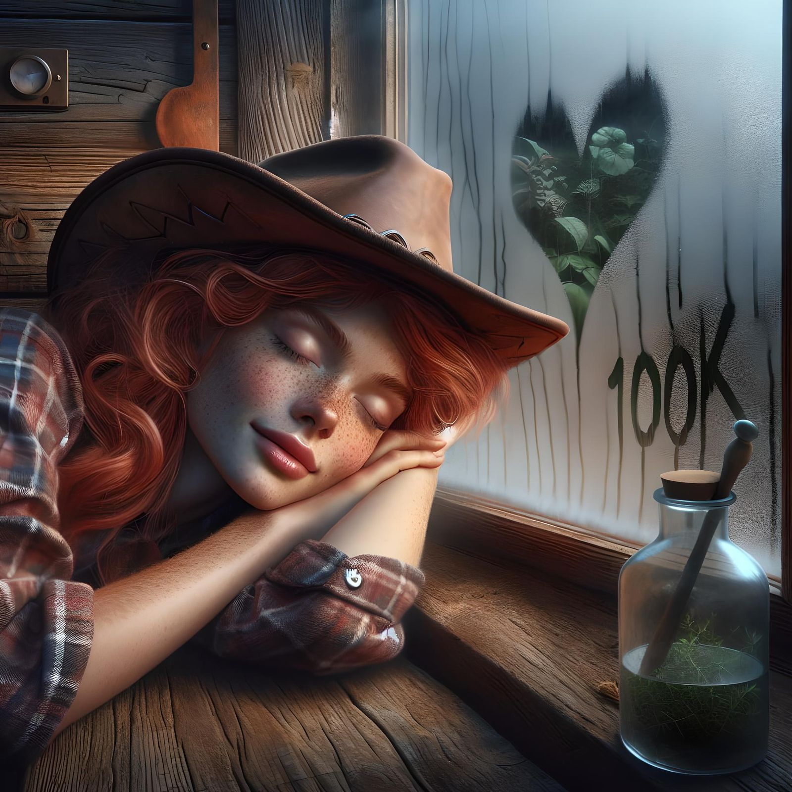 Red-Haired Girl Sleeping with Cowboy Hat on Window