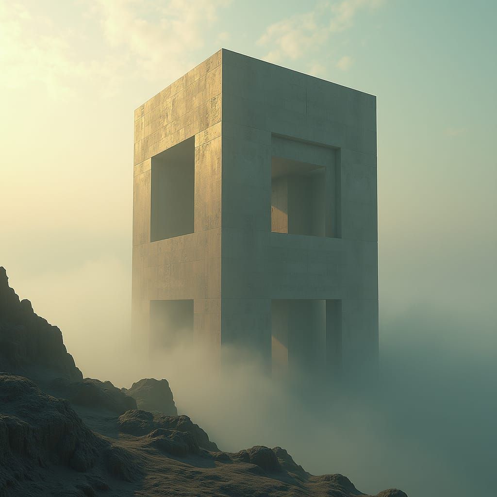 Surreal Cube Building in Dreamlike Landscape