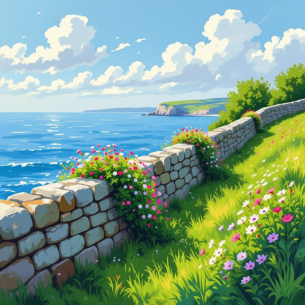 Idyllic Overgrown Wall by the Sea
