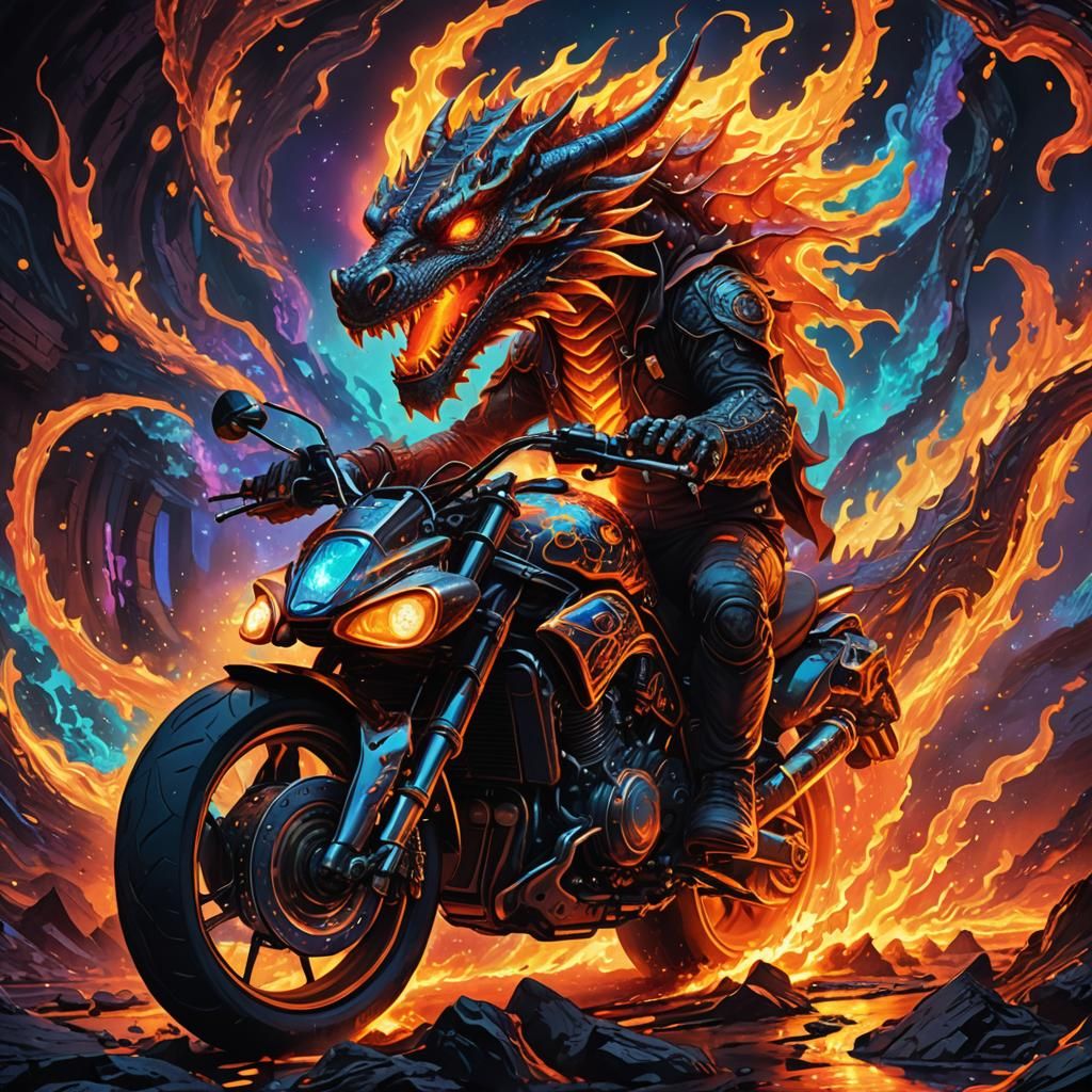 Dragon Motorbike Races Through Lava Tunnel
