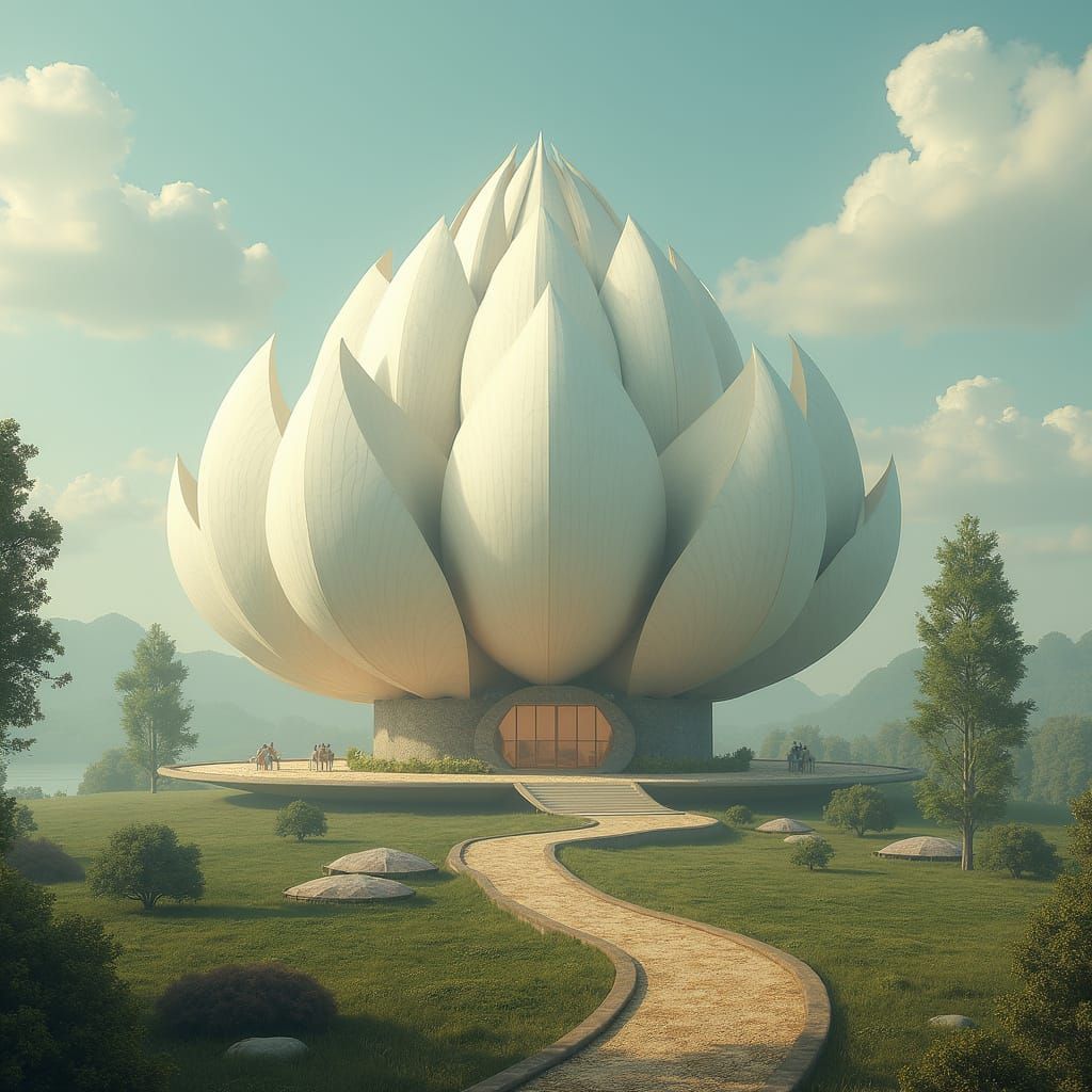 Surreal Lotus Abode Blooms in Futuristic Oasis