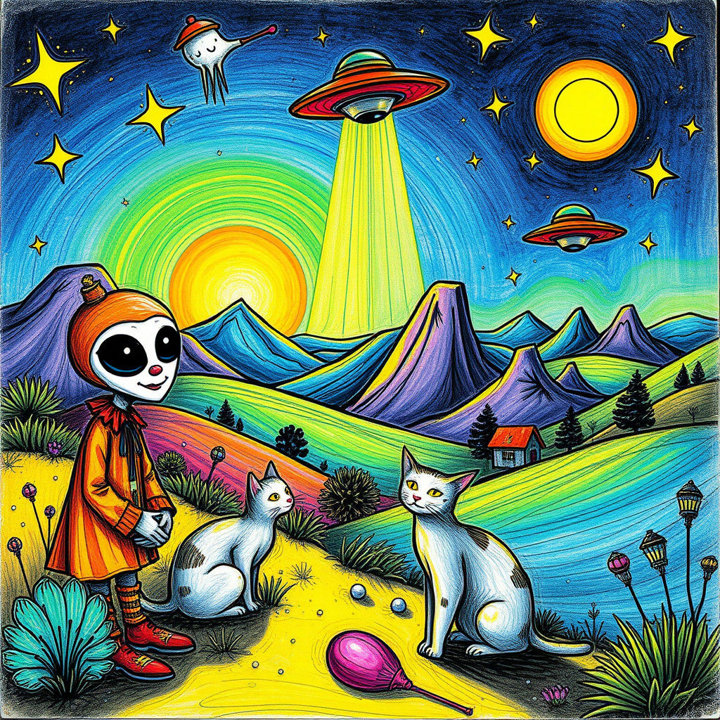 Naive Whimsical Landscape with Alien Clowns in Colored Penci...