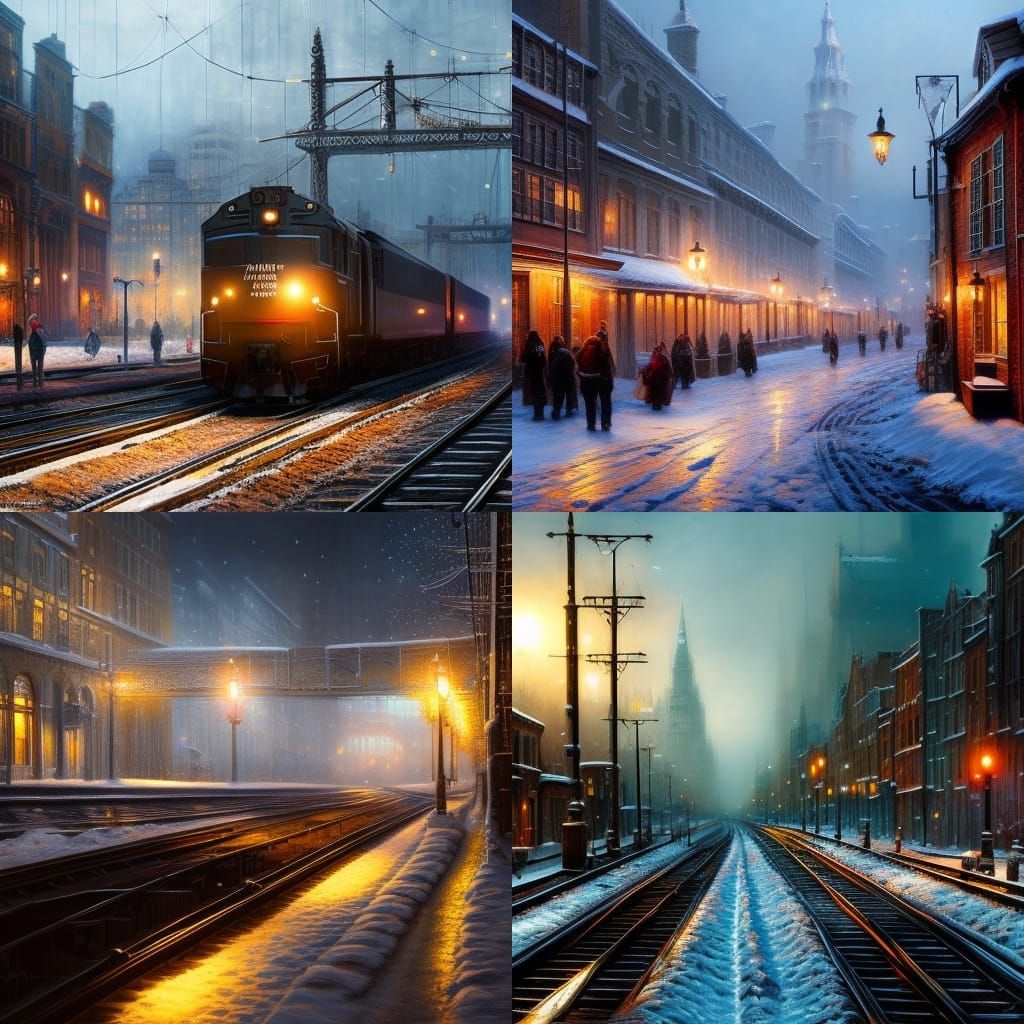 Snowy City Train at Night, Hyperrealistic Studio Photo