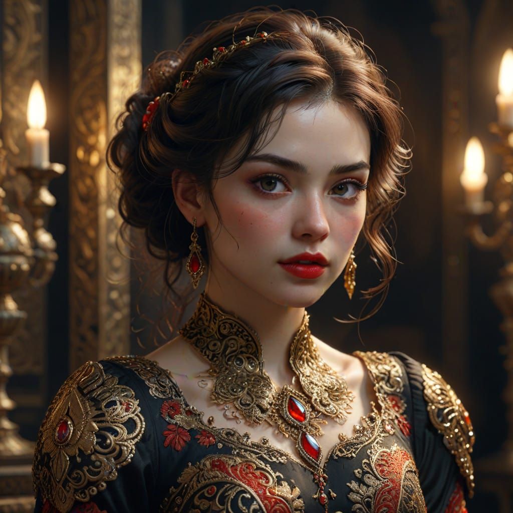 Elegant Portrait: Red Lips, Black Dress, Gold Accents