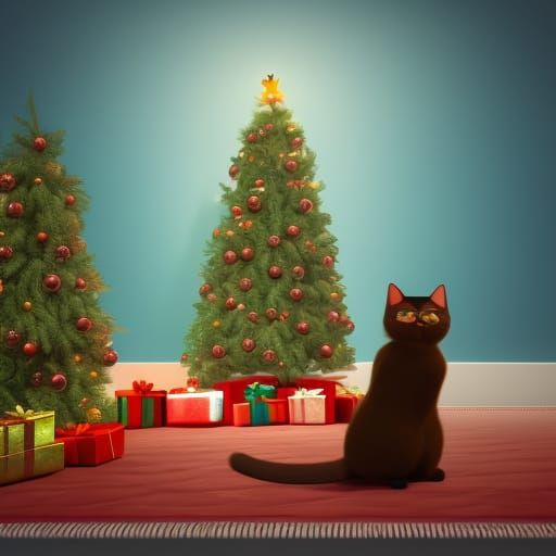 Festive Cat by Christmas Tree: 3D Digital Art