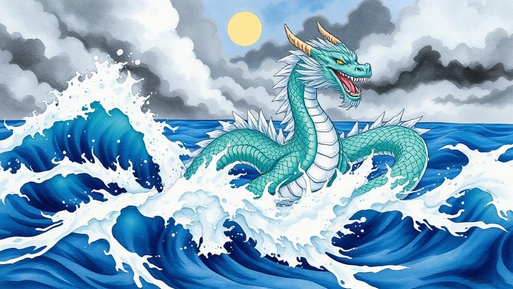 Ocean Guardian Dragon in Watercolor Style