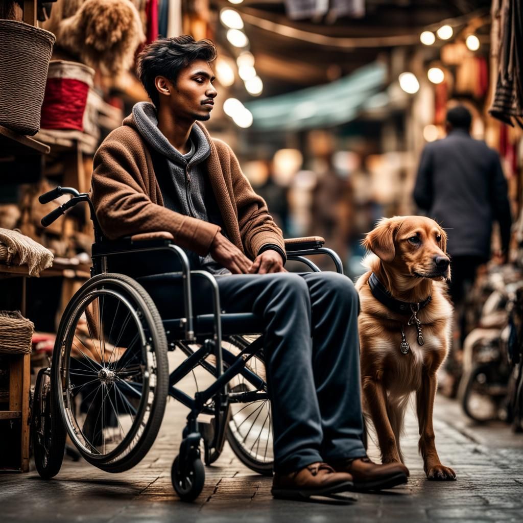 Young Man and Dog in Bazaar, Hyperrealistic Image