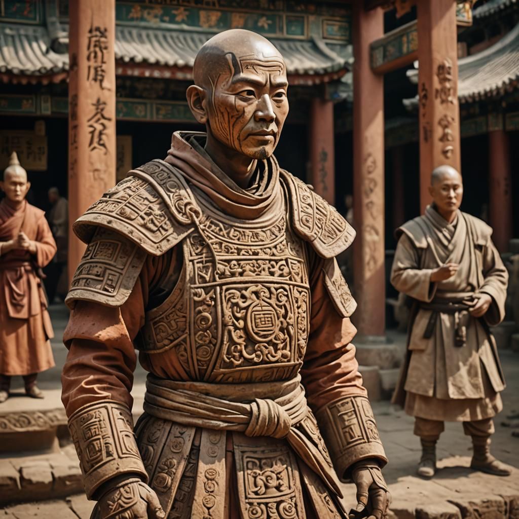 Ornate Terracotta Android Monk in Cinematic Lighting