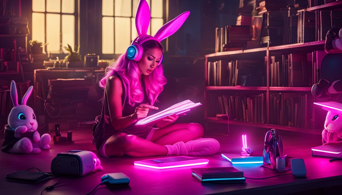 Cyberpunk Girl Reading Surrounded by Neon Bunny Bots