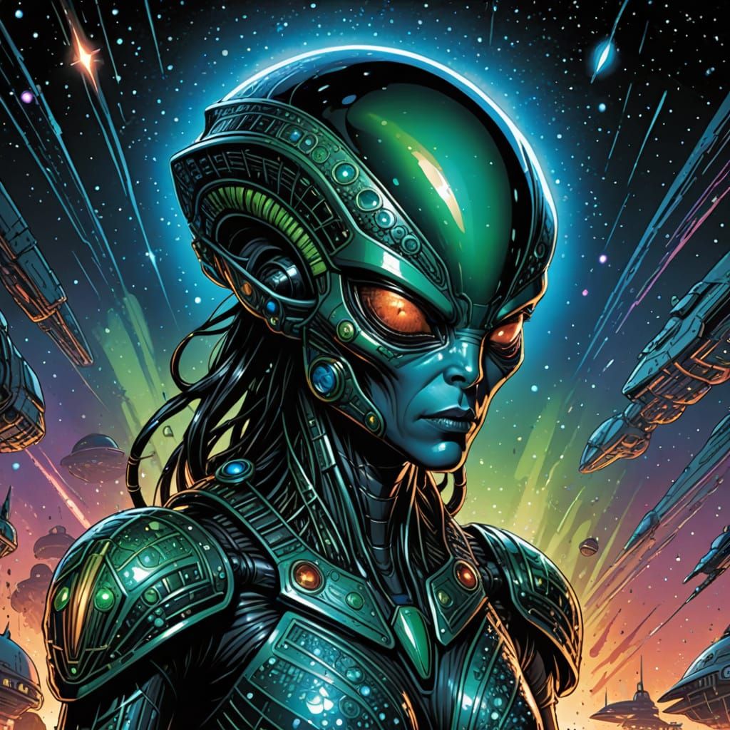 Surreal Alien Emerges from a UFO in a Tapestry of Sequins