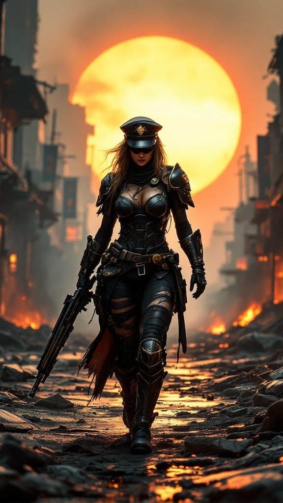 Battle-hardened Valkyrie Enforcer in a Post-apocalyptic Metr...