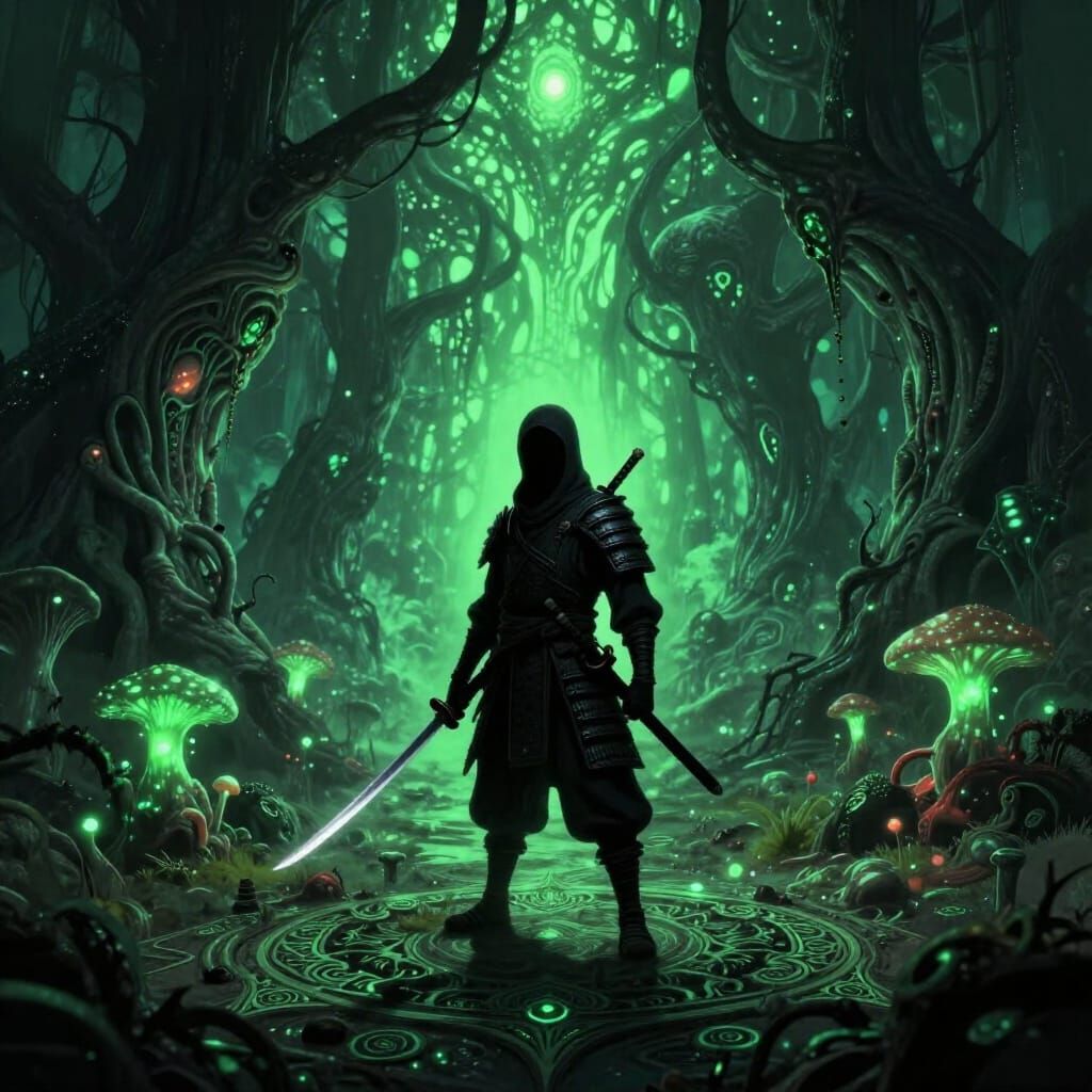 Tiny Ninja in Bioluminescent Dark Fantasy Forest