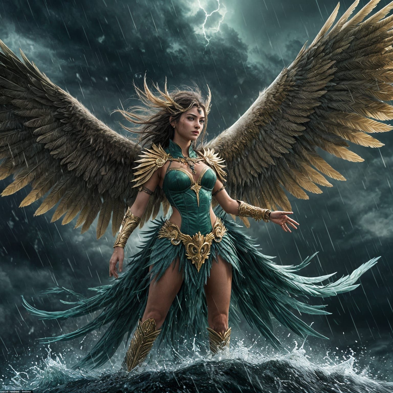 Epic Anime Garuda Amidst Stormy Fantasy Landscape