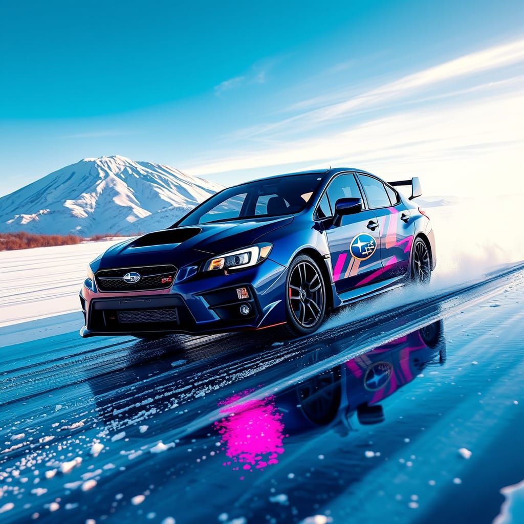 Subaru WRX STI Blazes Across Frozen Lake in Neon-Lit Glory