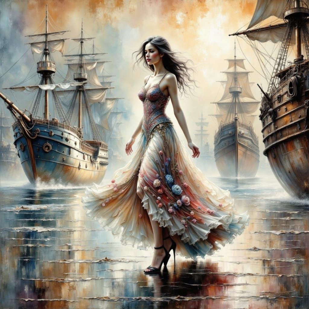 Muted Beauty: Anime Woman in Harbor Oil Painting
