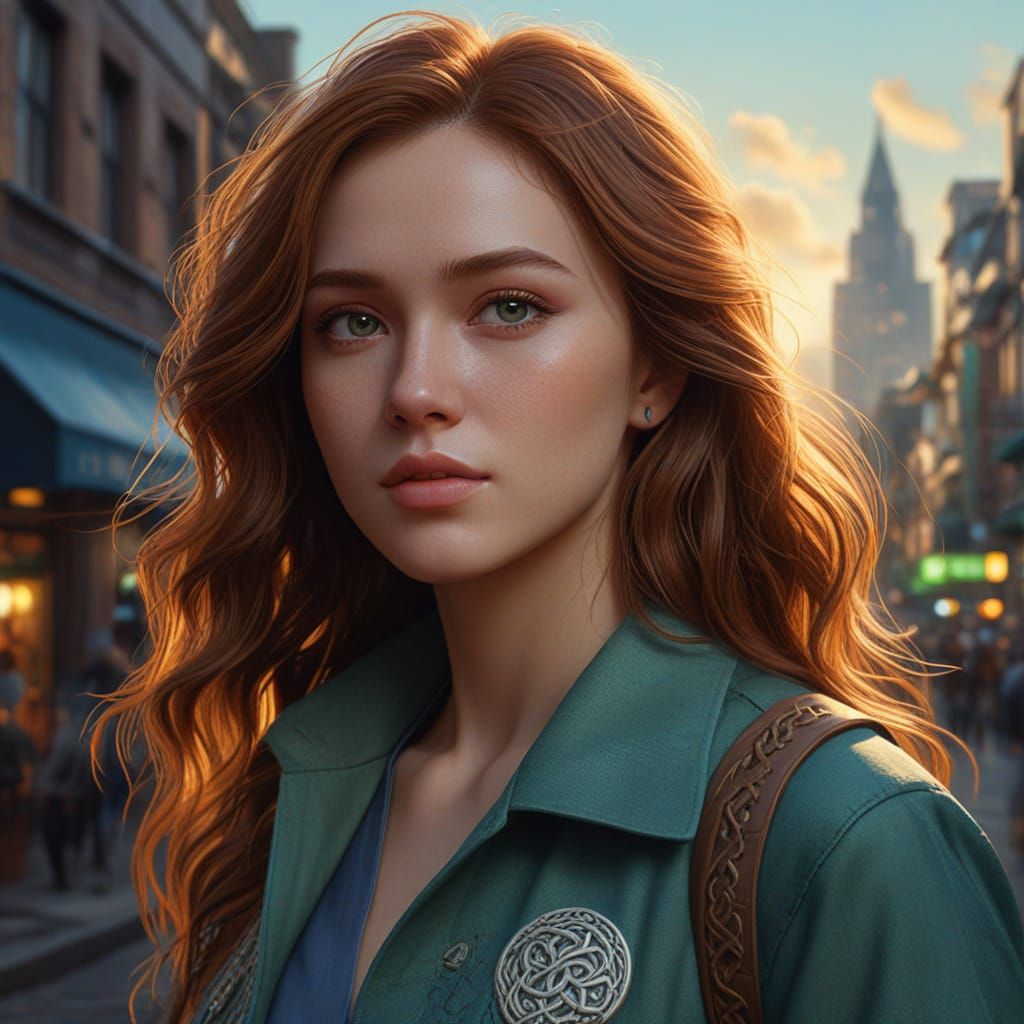Cinematic Fantasy Portrait with Auburn Hair and Blue-Green E...