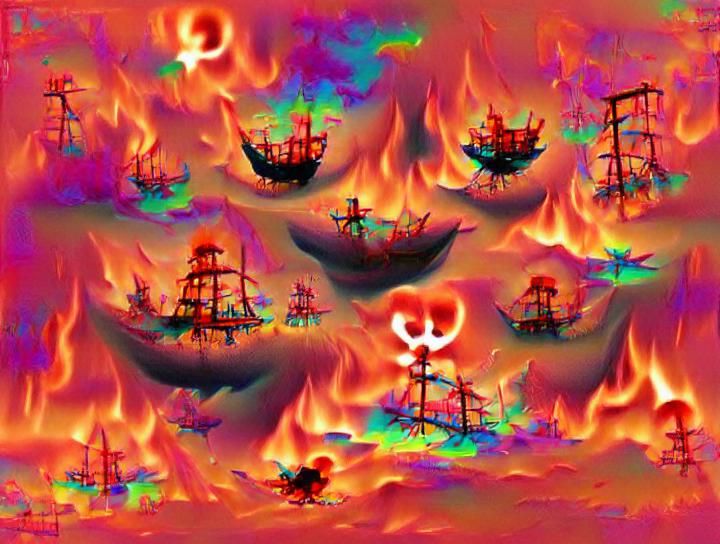 Pirate Ships Sailing Through Hellish Landscape