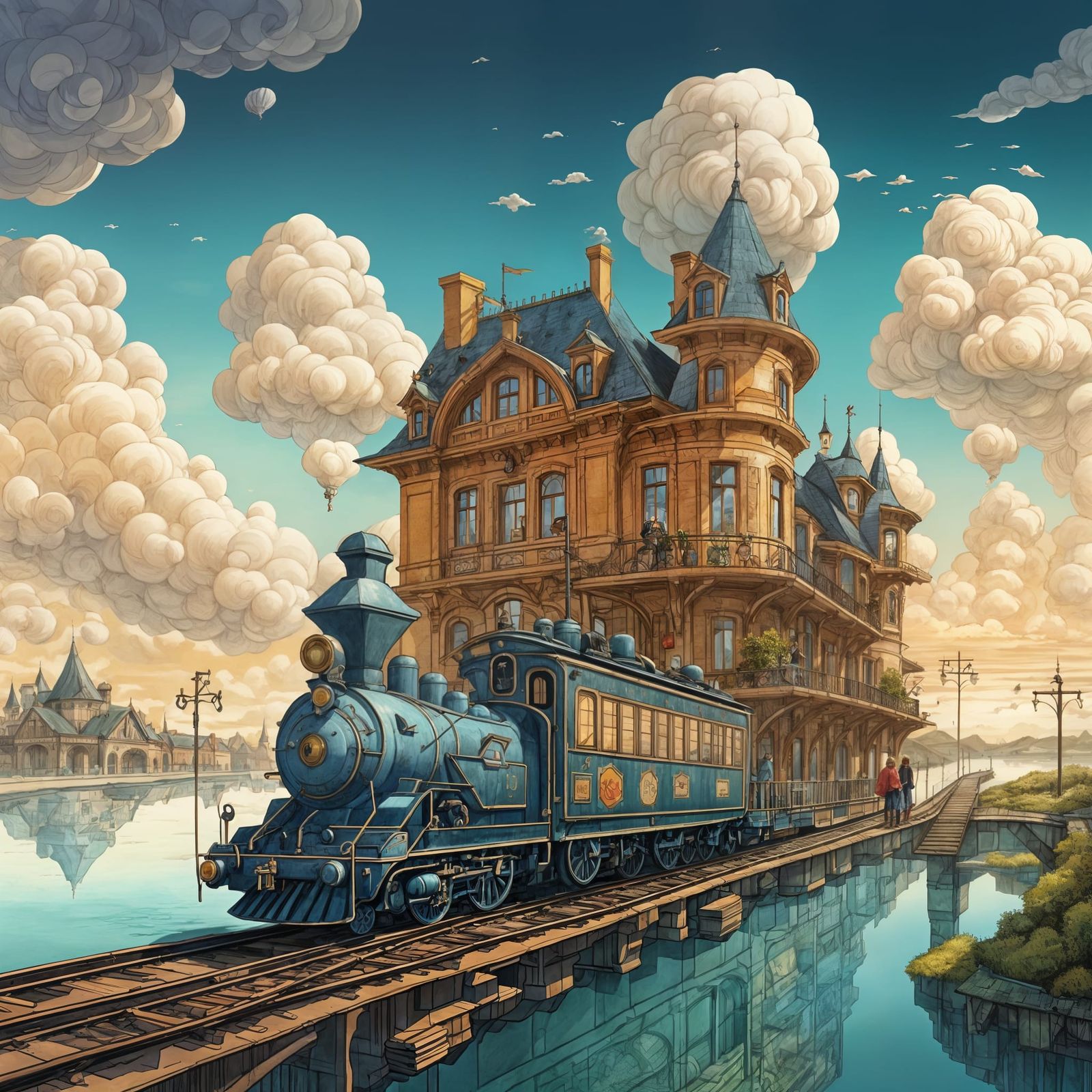 Cloud Island Train Station in Gouache Style