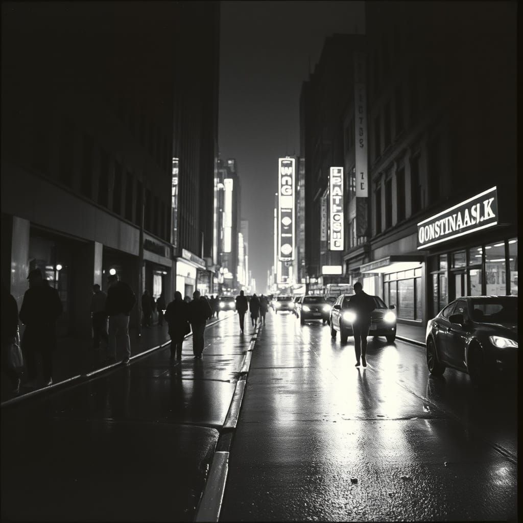 City Street at Night in Film Noir Style
