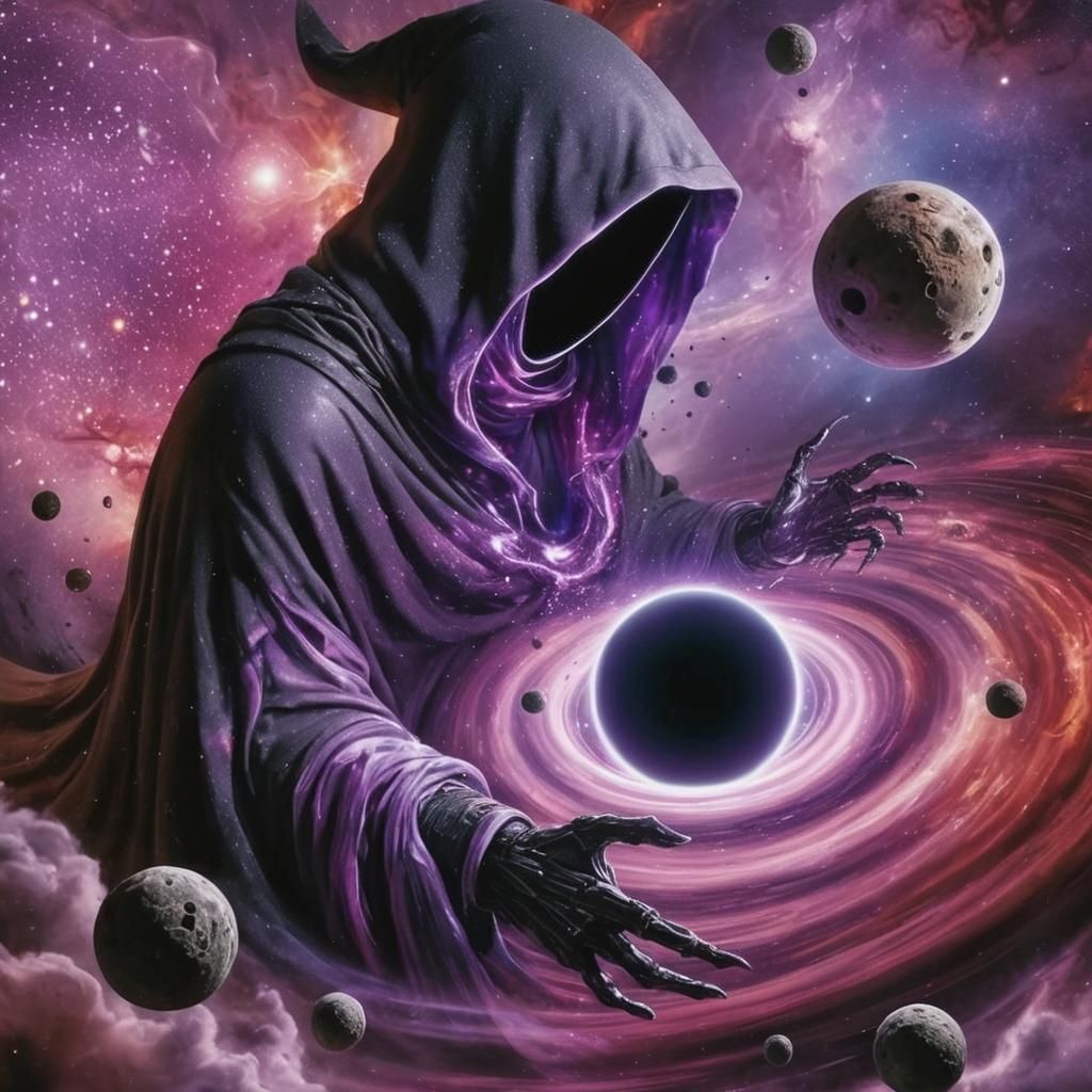 Hooded Cosmic Figure Above Black Hole Galaxy