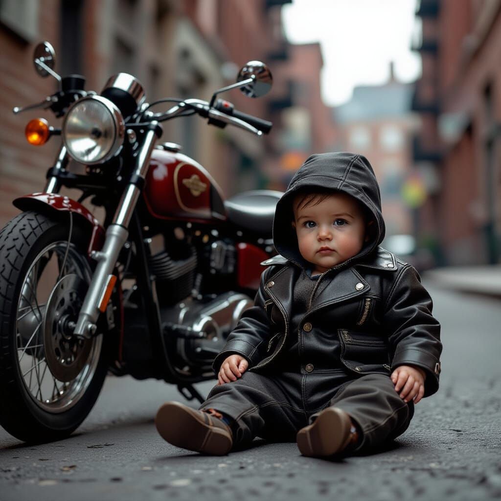 Gangster Baby Poses With Vintage Motorcycle