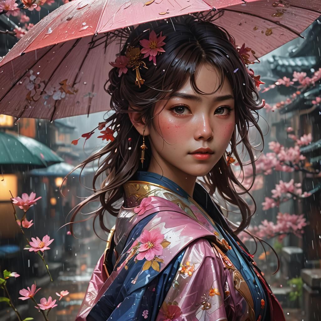 Geisha with Cherry Blossoms, Art Nouveau Portrait